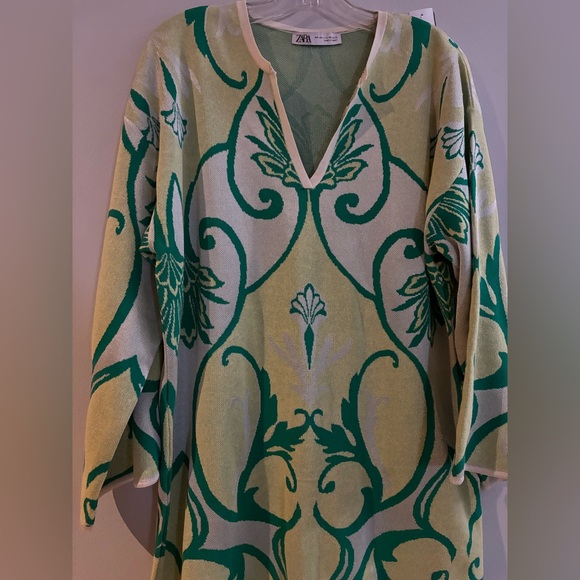 Jacquard Knit Boho Floral Hippie Tunic Dress Oversized Green TikTok Kaftan L-XL - Picture 7 of 16